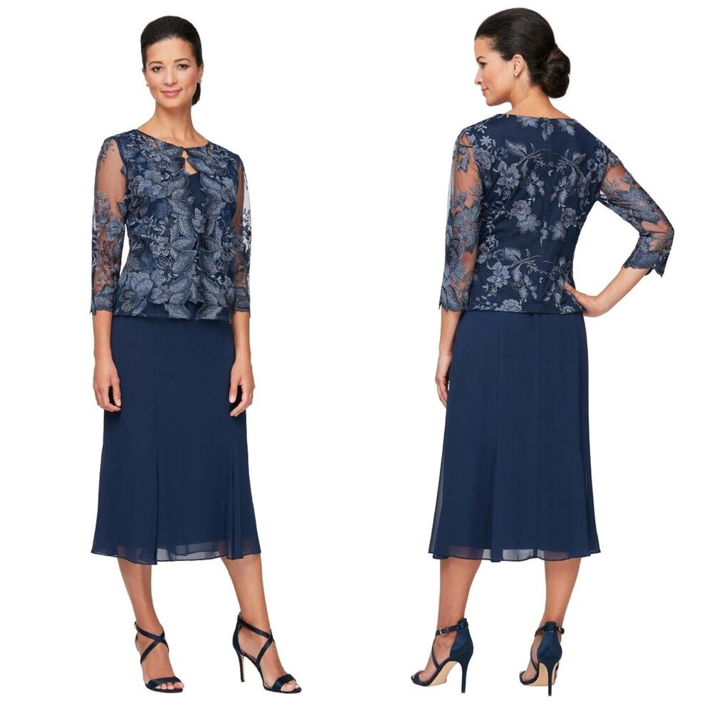 NWT Alex Evenings Navy Tea Length Mother of the Bride Evening Dress Size 16